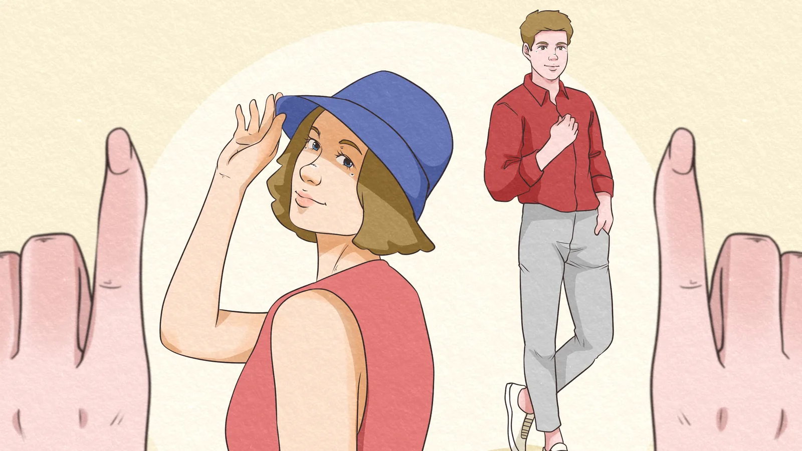 Illustration of hands framing a woman in a sun hat and a man in a red shirt
