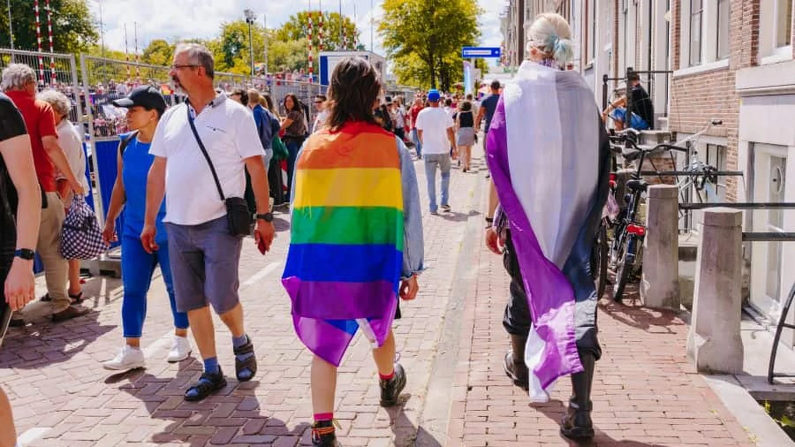 People walking in a pride parade, one wearing an asexual pride flag as a cape