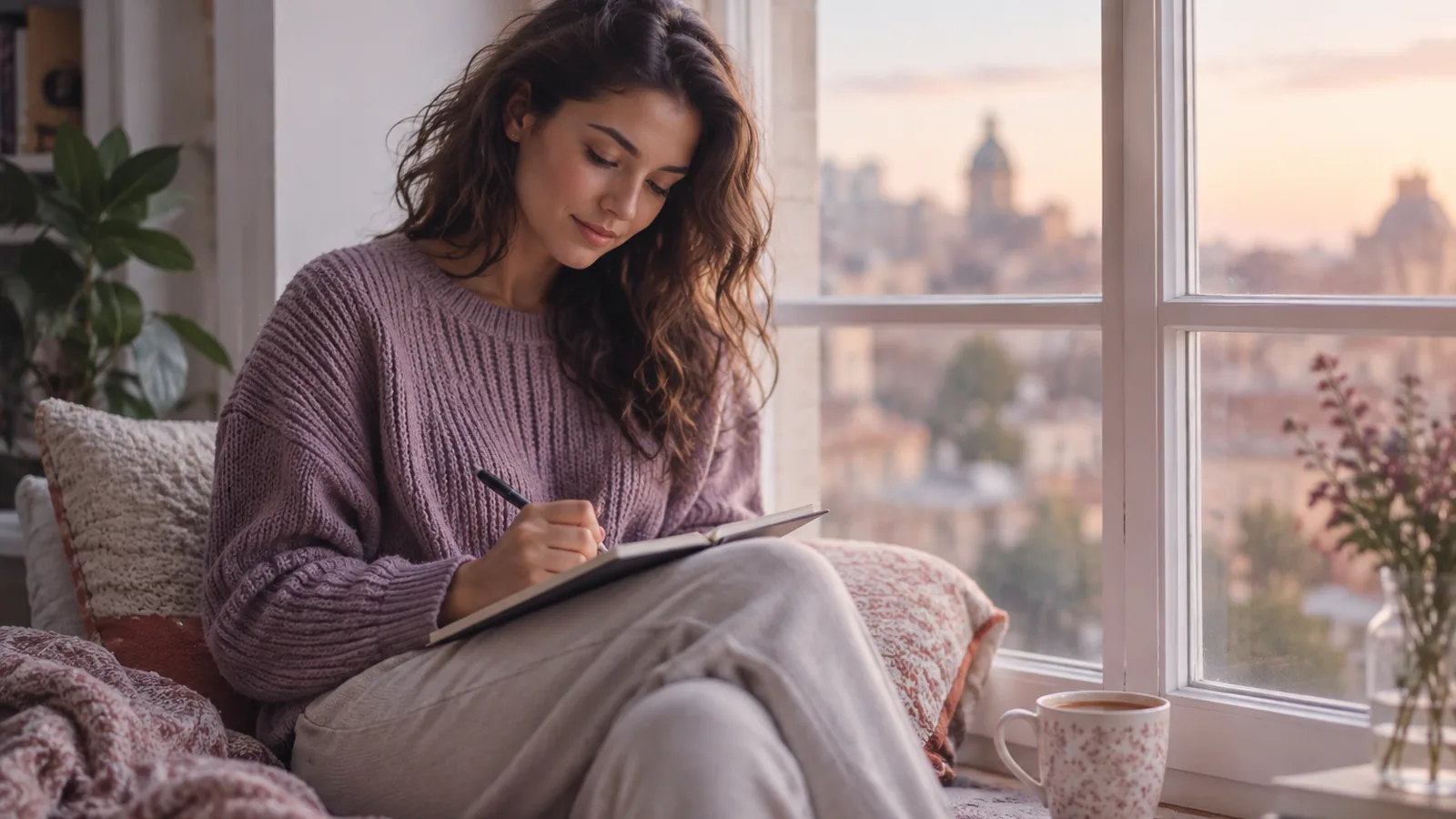 A woman writing in a notebook on a window seat, a mug of tea beside her