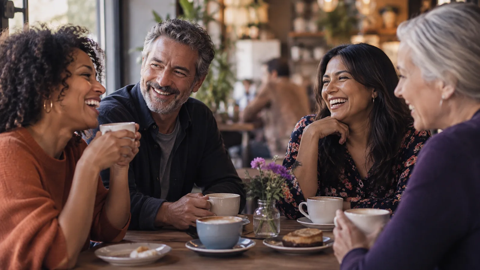 A group of friends chatting and laughing around a cafe table