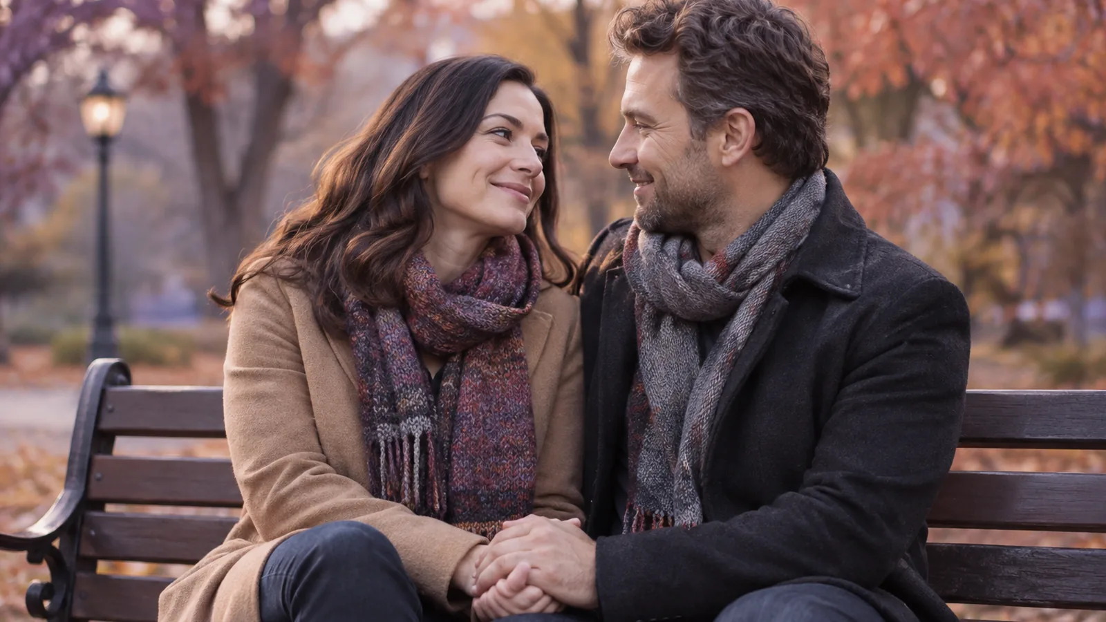 A couple holding hands on a park bench in autumn