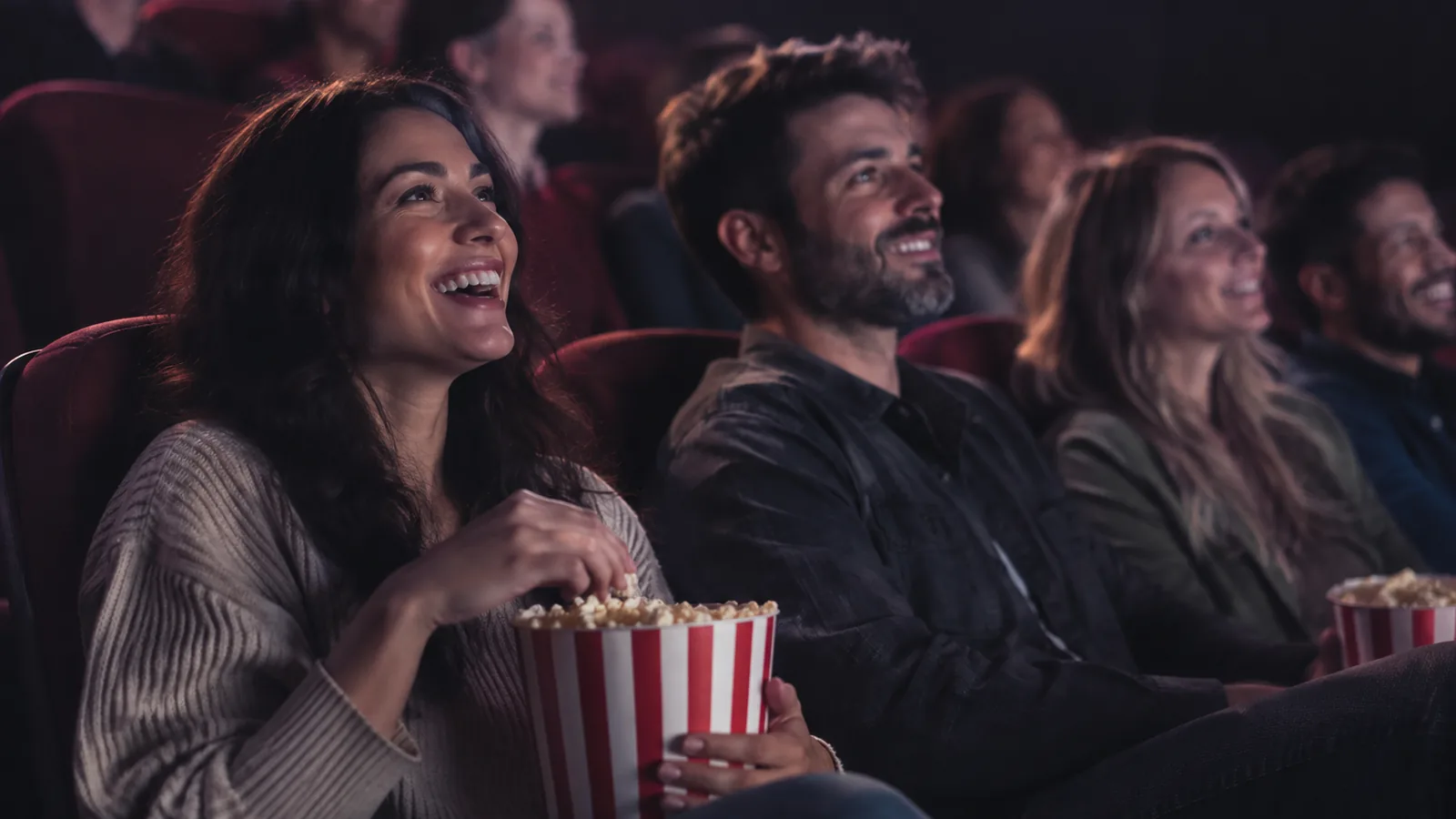 Friends watching a film in a dark cinema, their faces lit by the screen