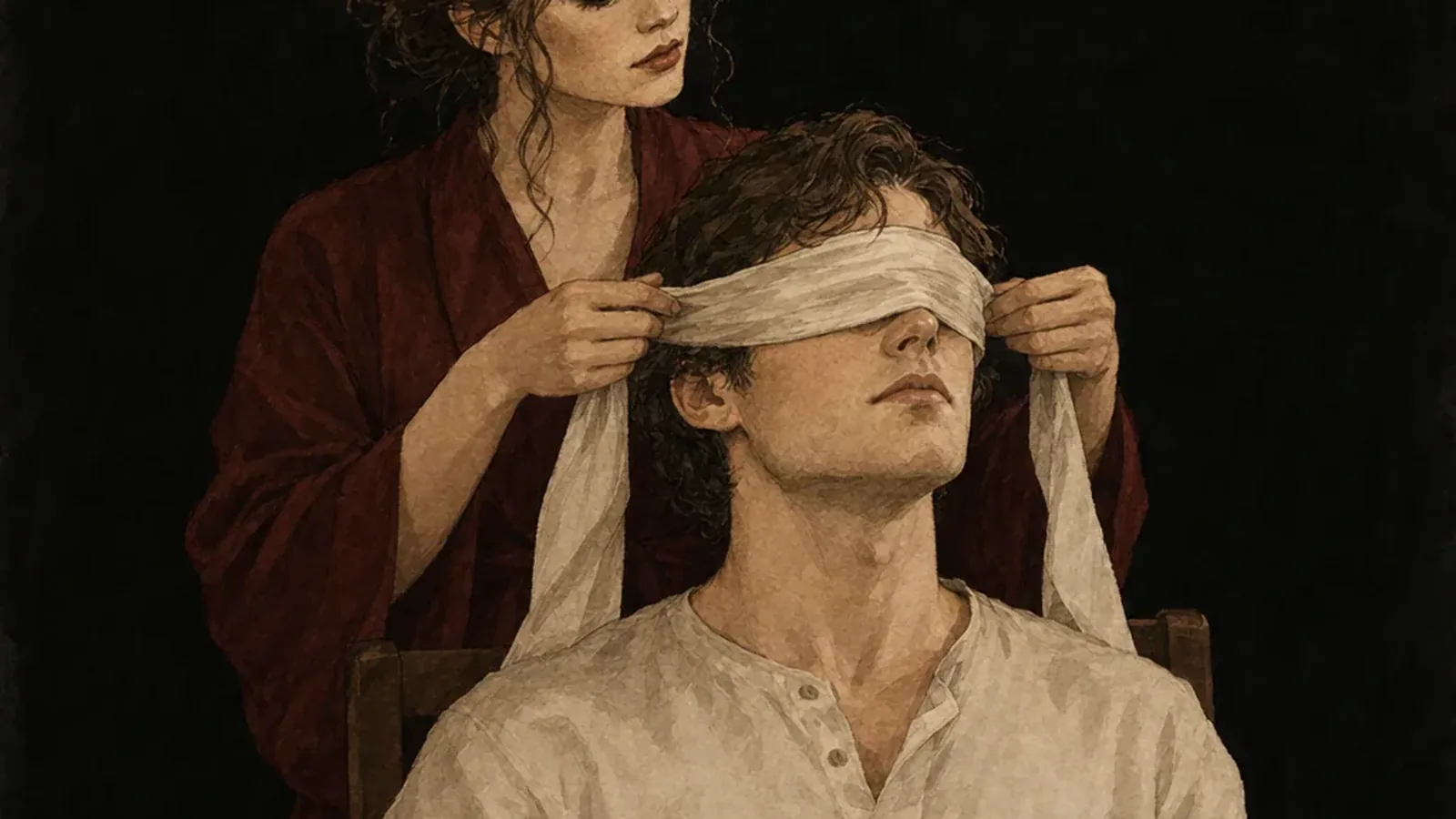 Painting of a woman tying a blindfold over a seated man's eyes