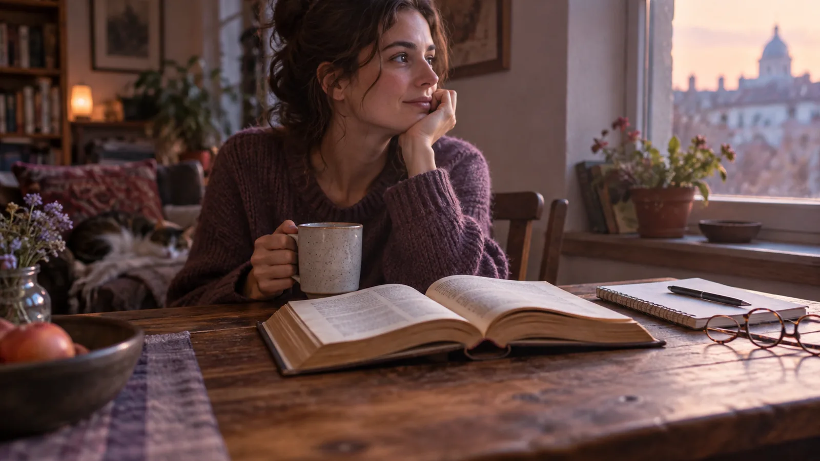 An open book with worn pages on a wooden table beside a notebook and reading glasses in window light
