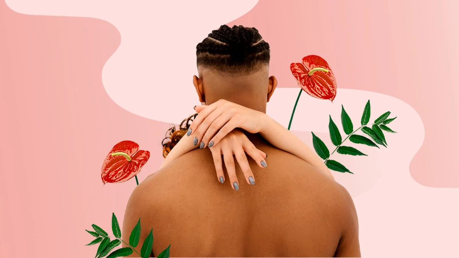 Illustration of a woman's hands resting on a man's bare shoulders among red flowers