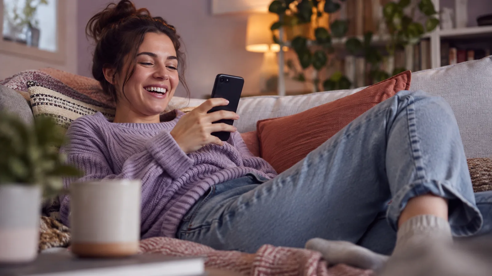 A young adult lying on a sofa laughing at their phone