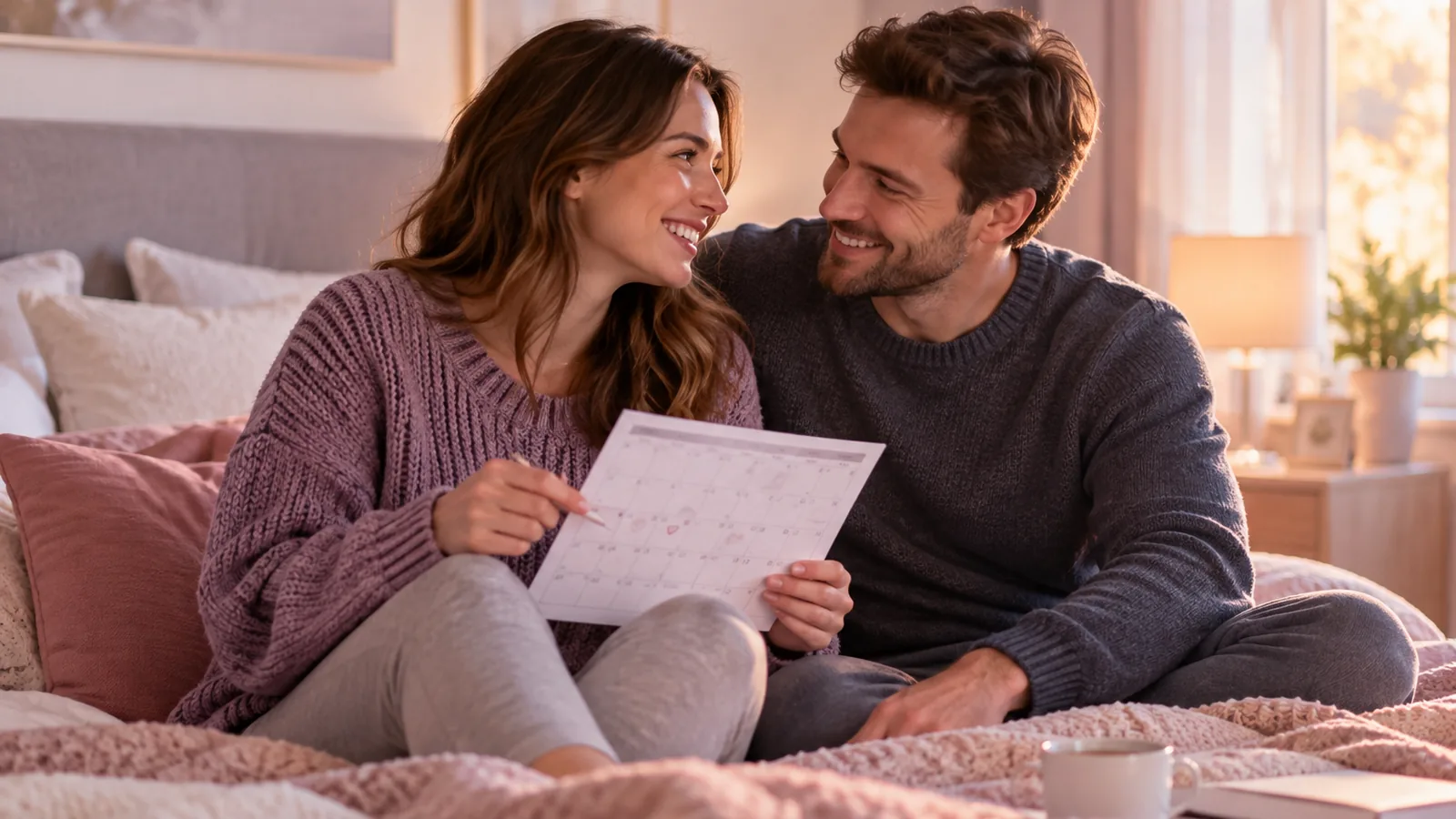 A smiling couple in sweaters sitting on a bed looking at a calendar together