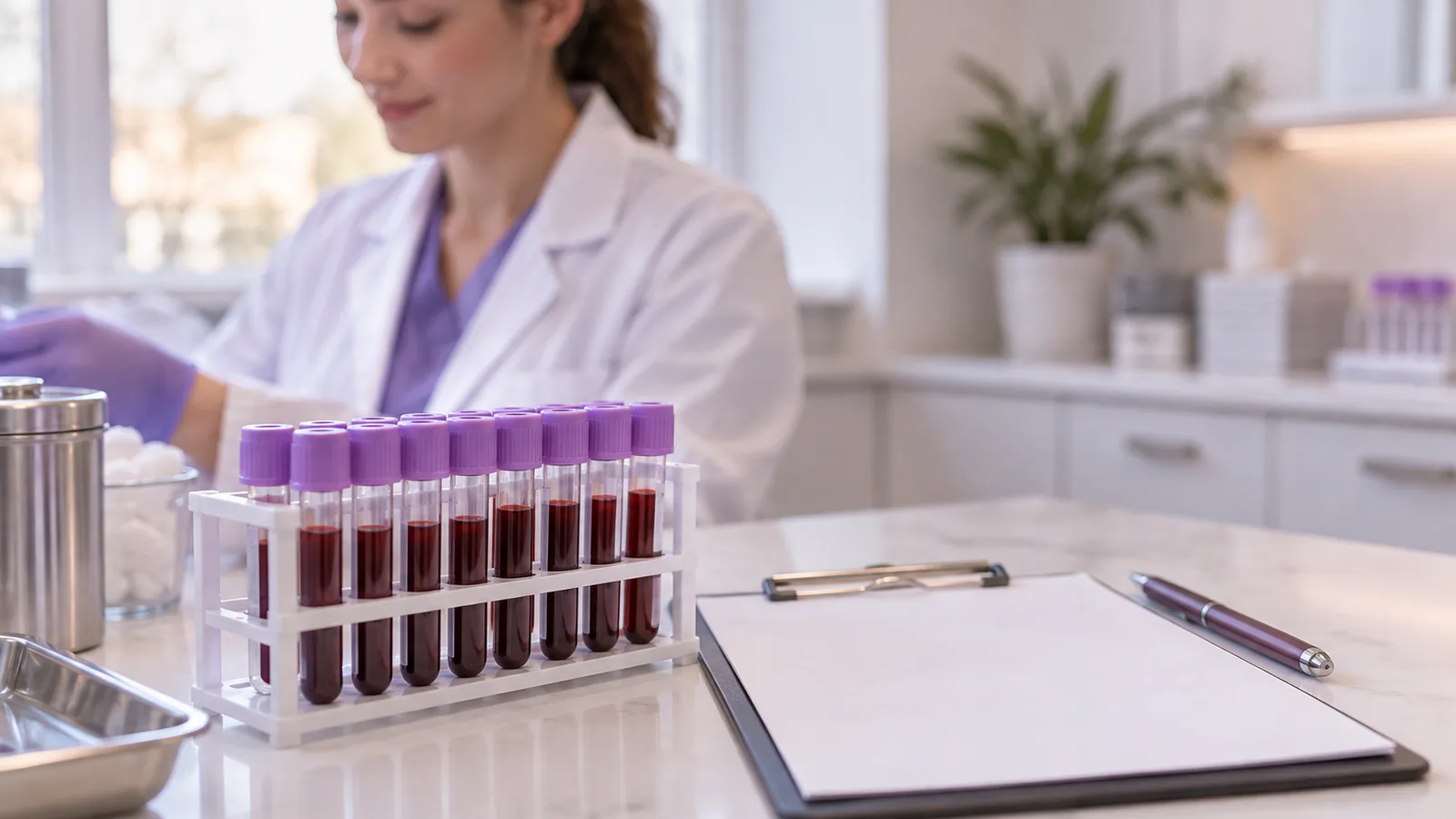 A lab worker behind a rack of blood sample tubes and a clipboard on a clinic counter