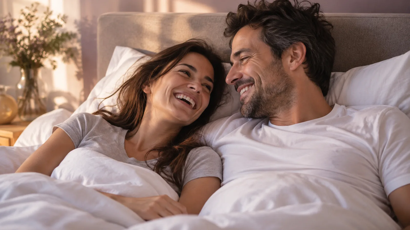 A couple in t-shirts laughing together in bed on a lazy morning