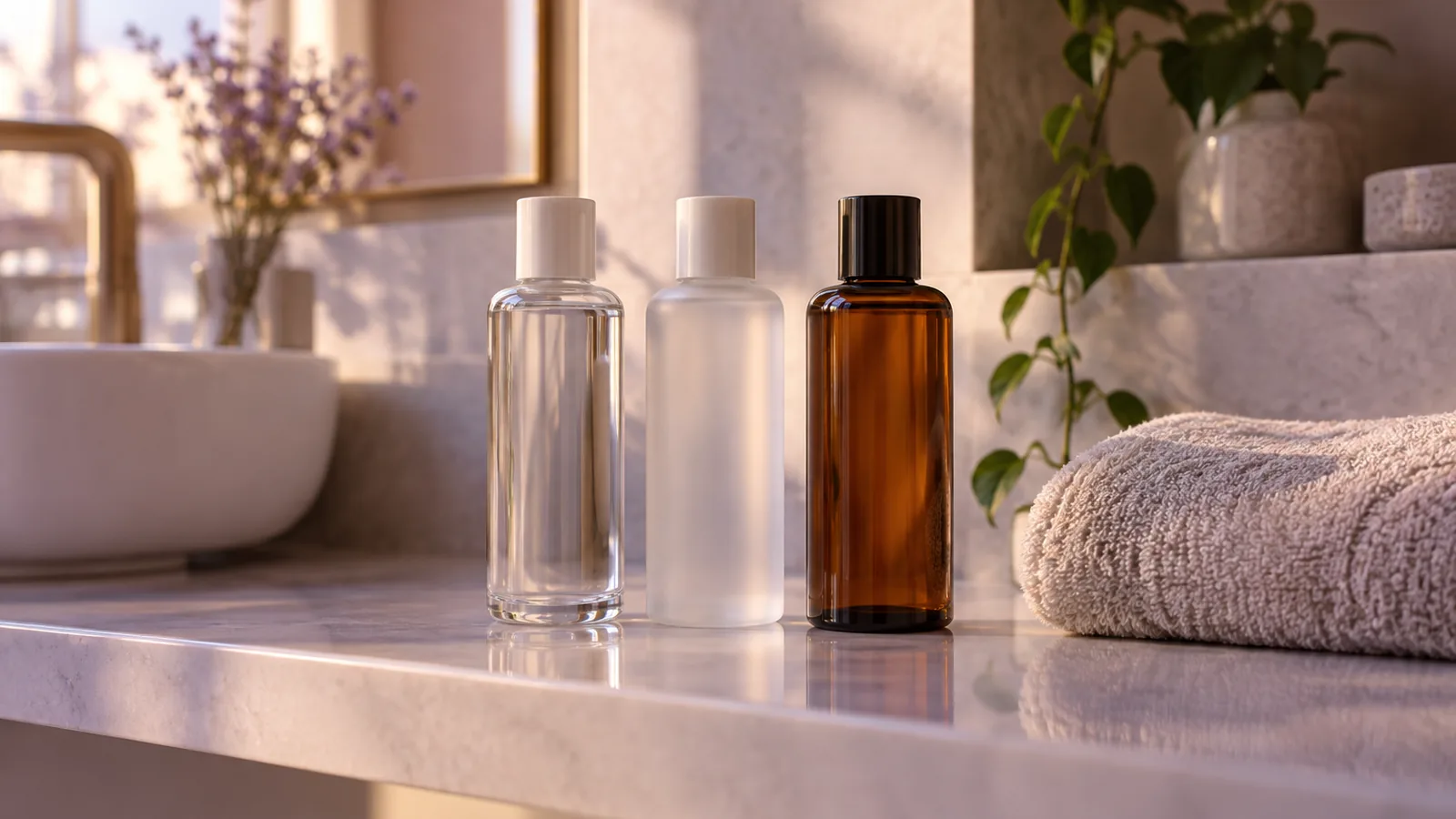 Three plain unbranded lubricant bottles on a bathroom shelf in soft morning light
