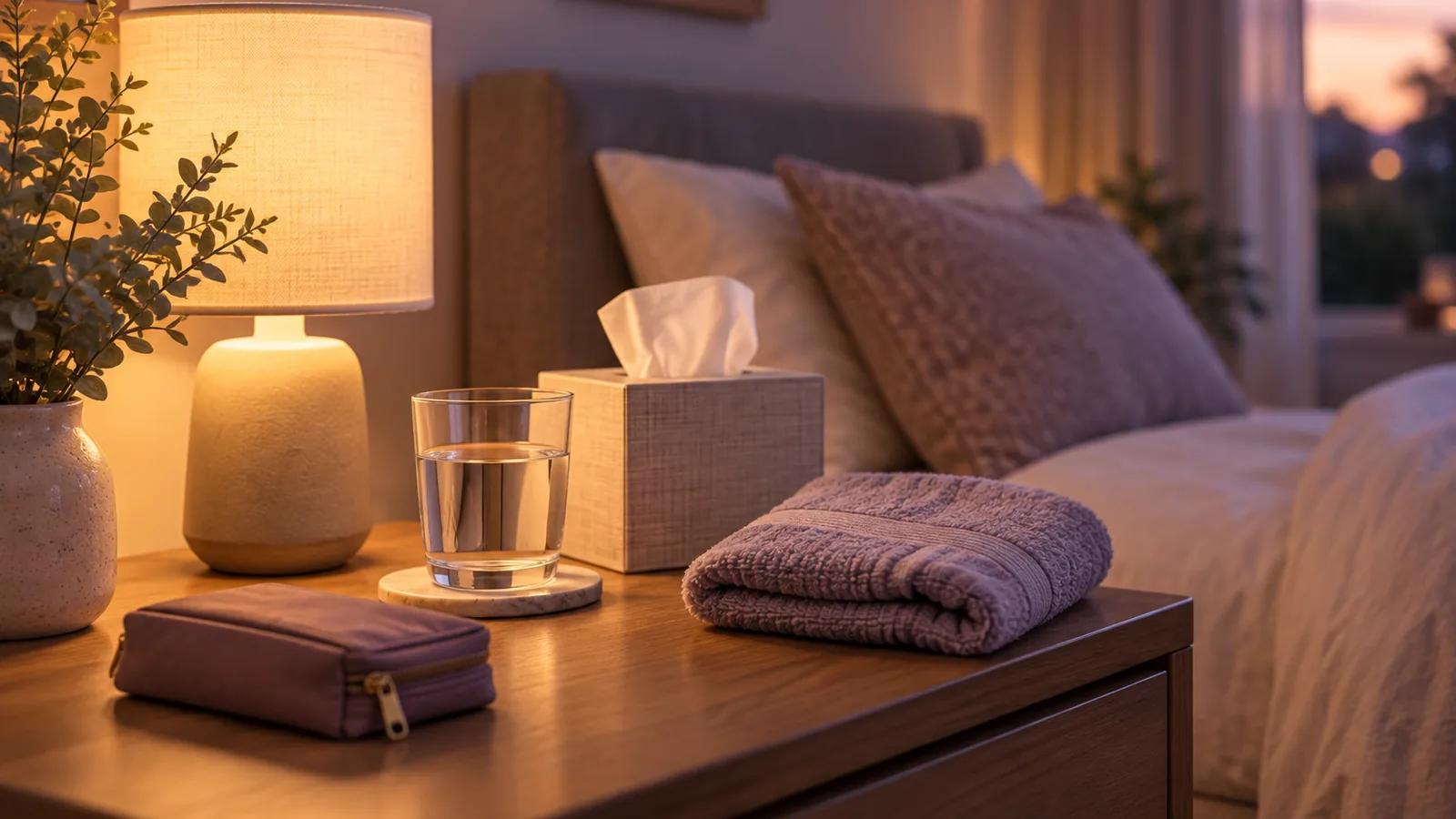 A tidy bedside table with a lamp, a glass of water, tissues and a small closed pouch in warm light