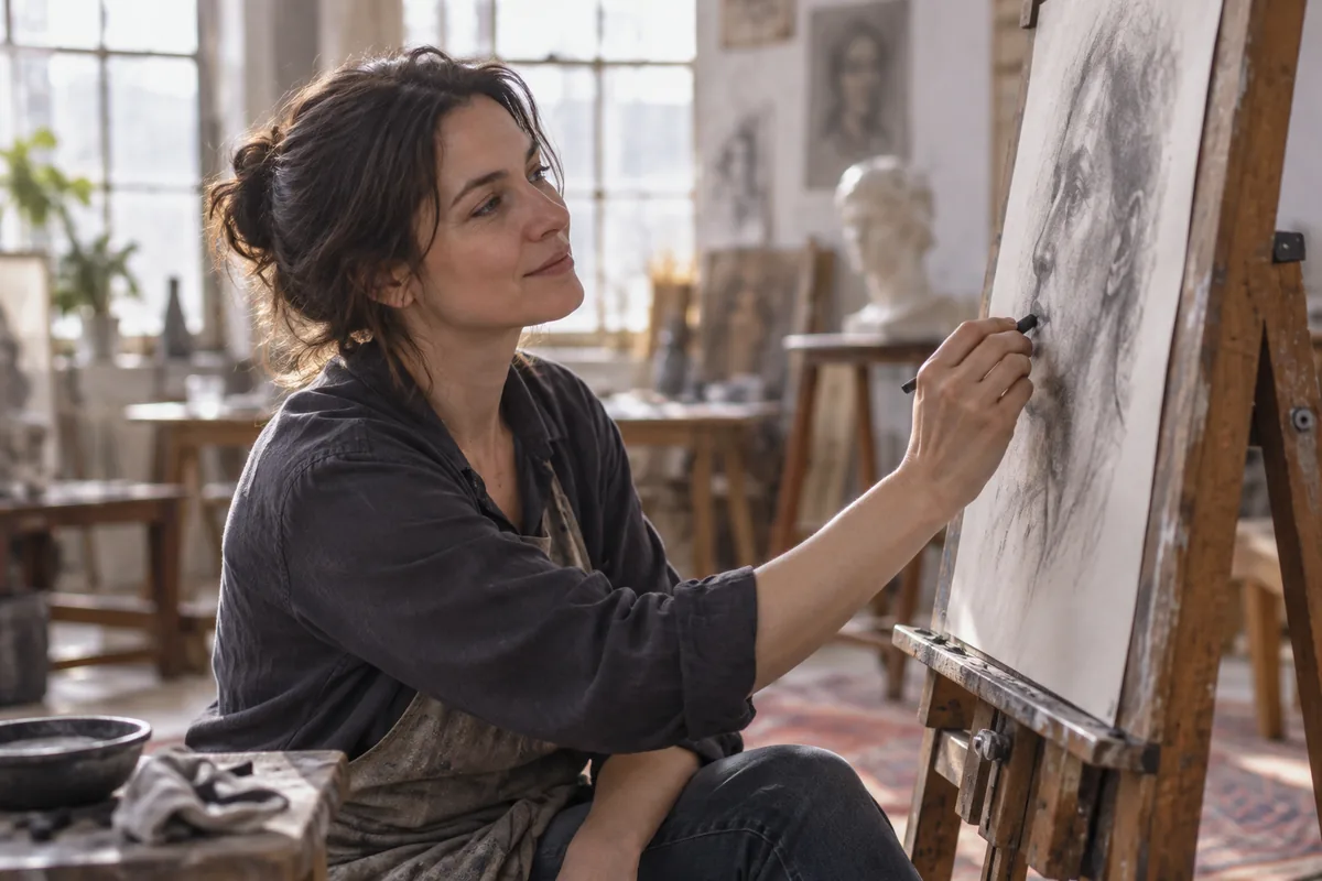 An art student sketching a charcoal portrait at an easel