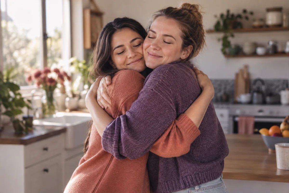 Two friends sharing a long warm hug in a sunny kitchen