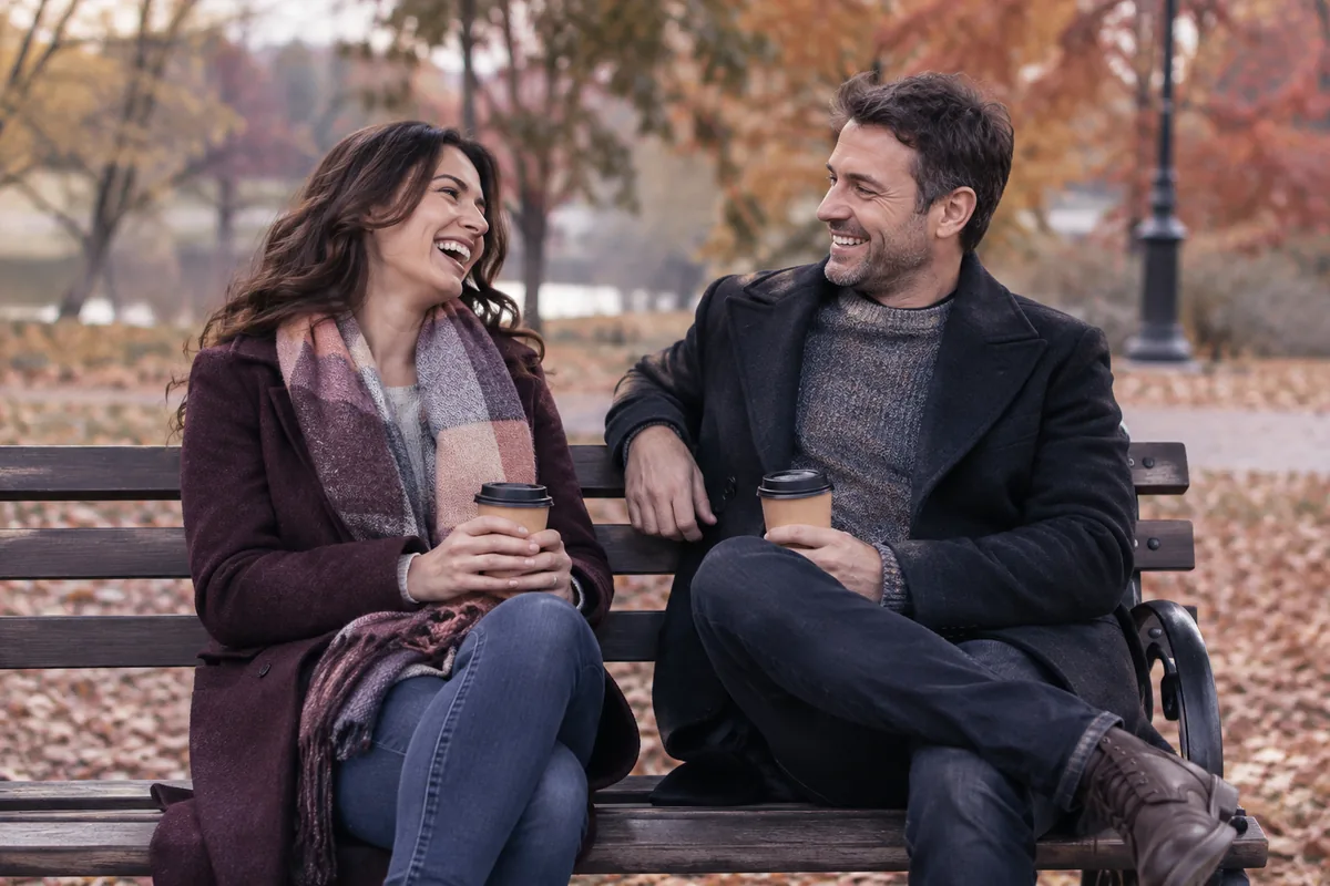 Two friends laughing on a park bench with coffee cups