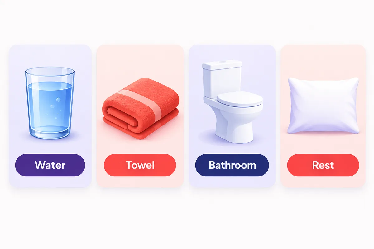 Four icons for physical aftercare: water, towel, bathroom and rest