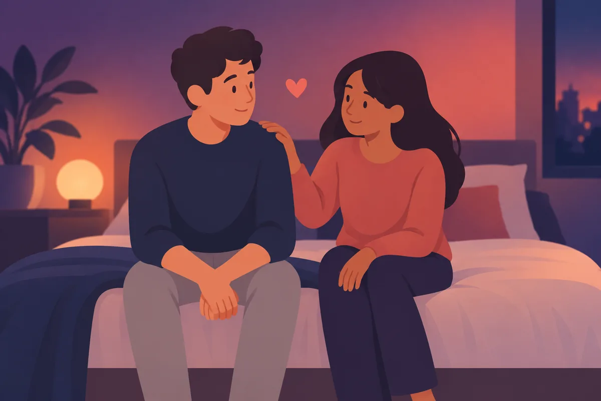 Two simple figures sitting close together with a heart between them