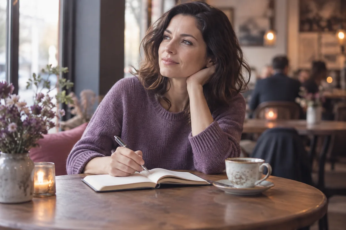 A woman writing thoughtfully in a notebook at a cafe table