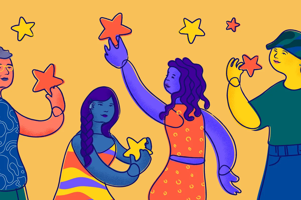 Illustration of a group of friends reaching up to collect stars
