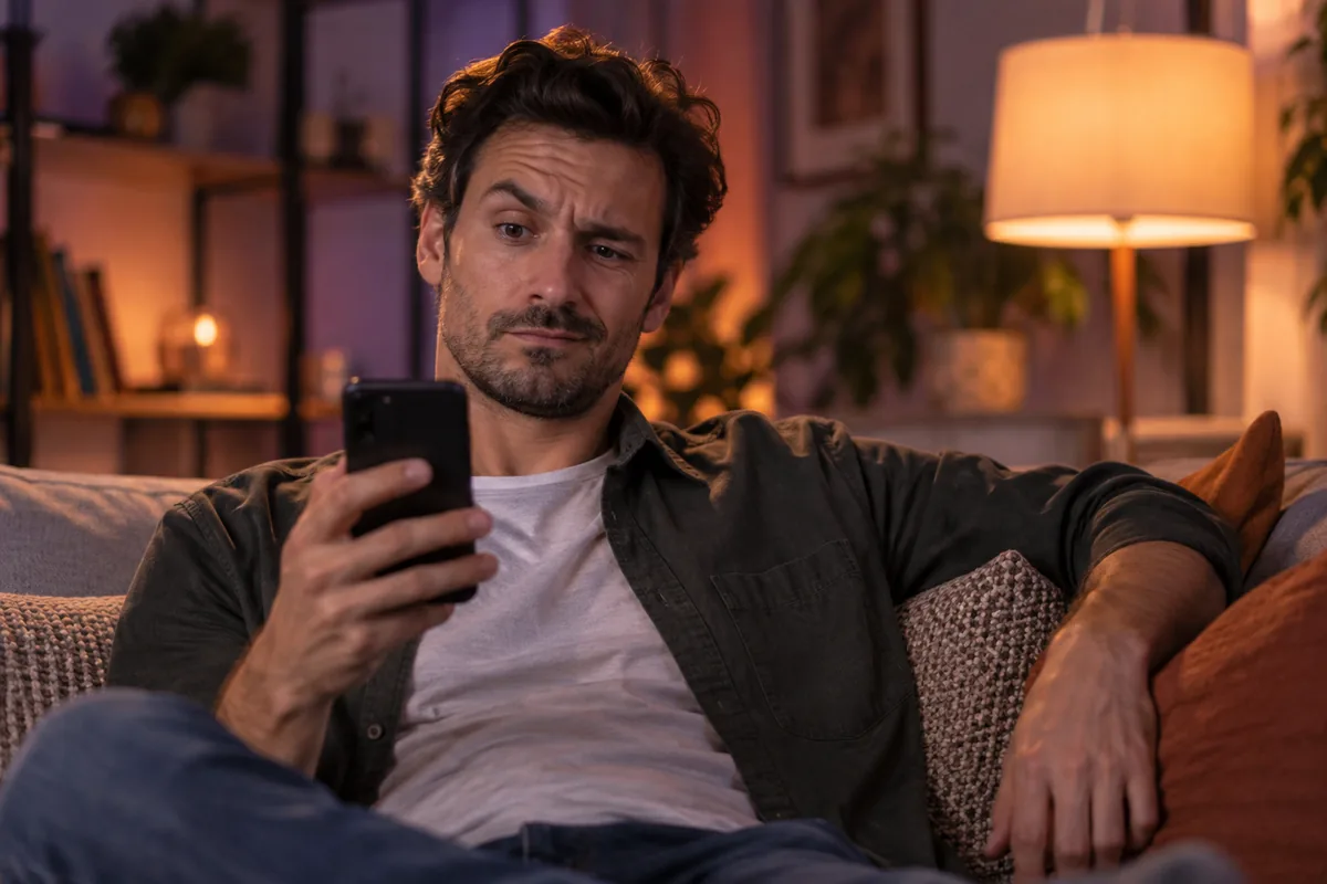 A man on a sofa looking doubtfully at his phone