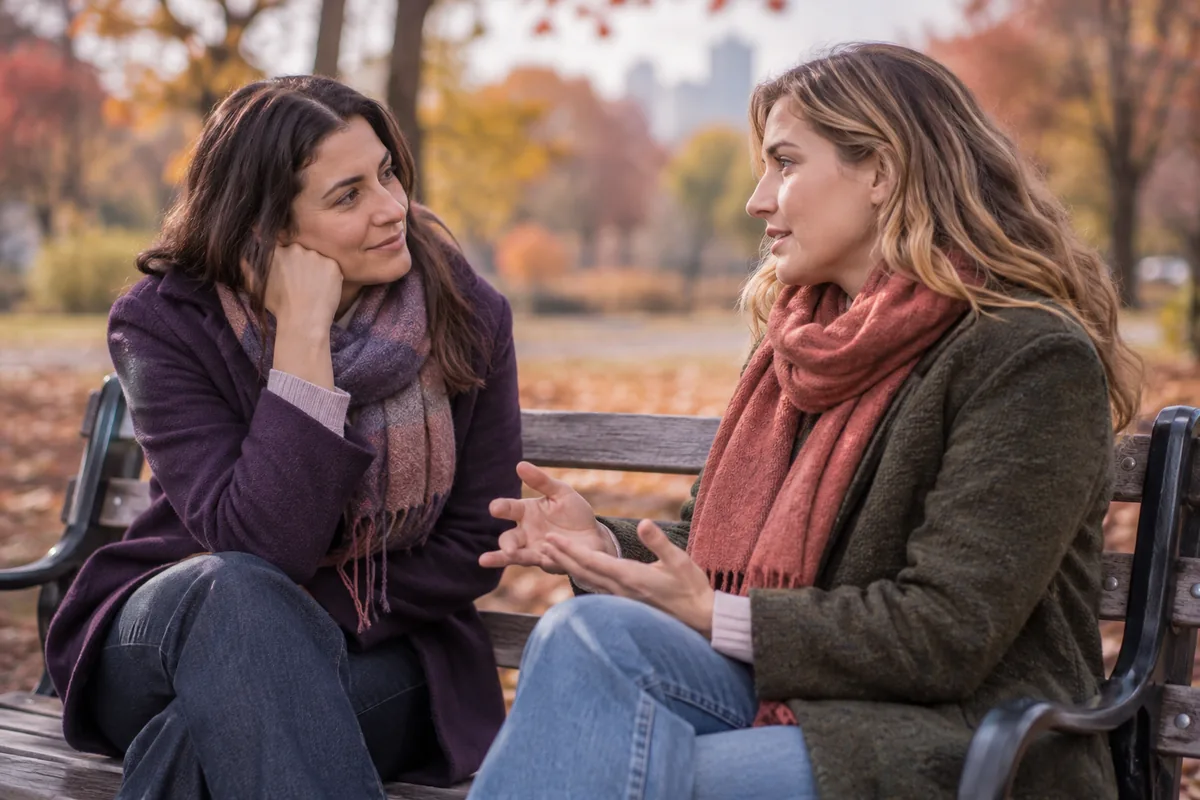 Two friends having an open conversation on a park bench in autumn