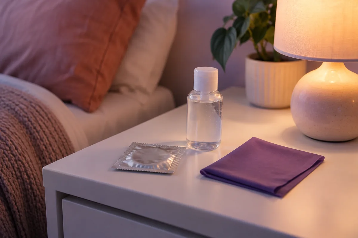A condom, a small bottle of lubricant and a folded dental dam on a nightstand
