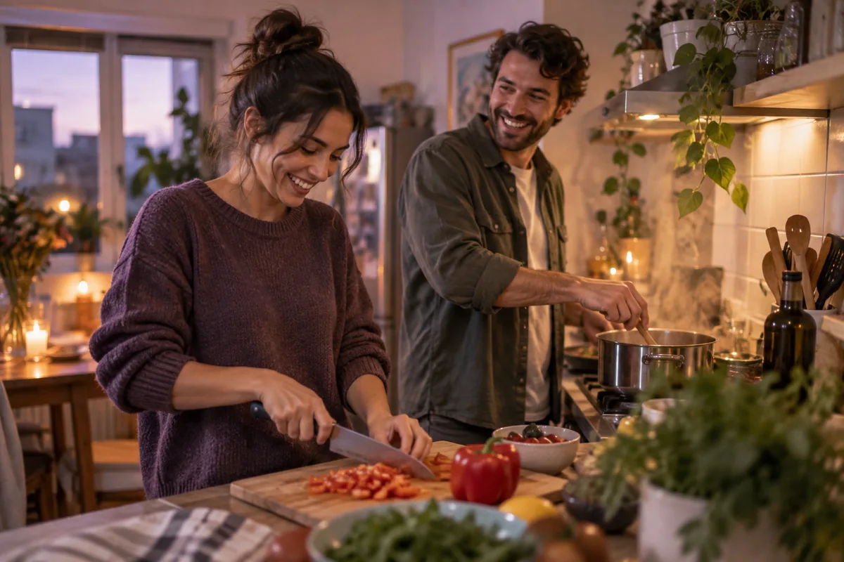Two friends laughing while they cook dinner together