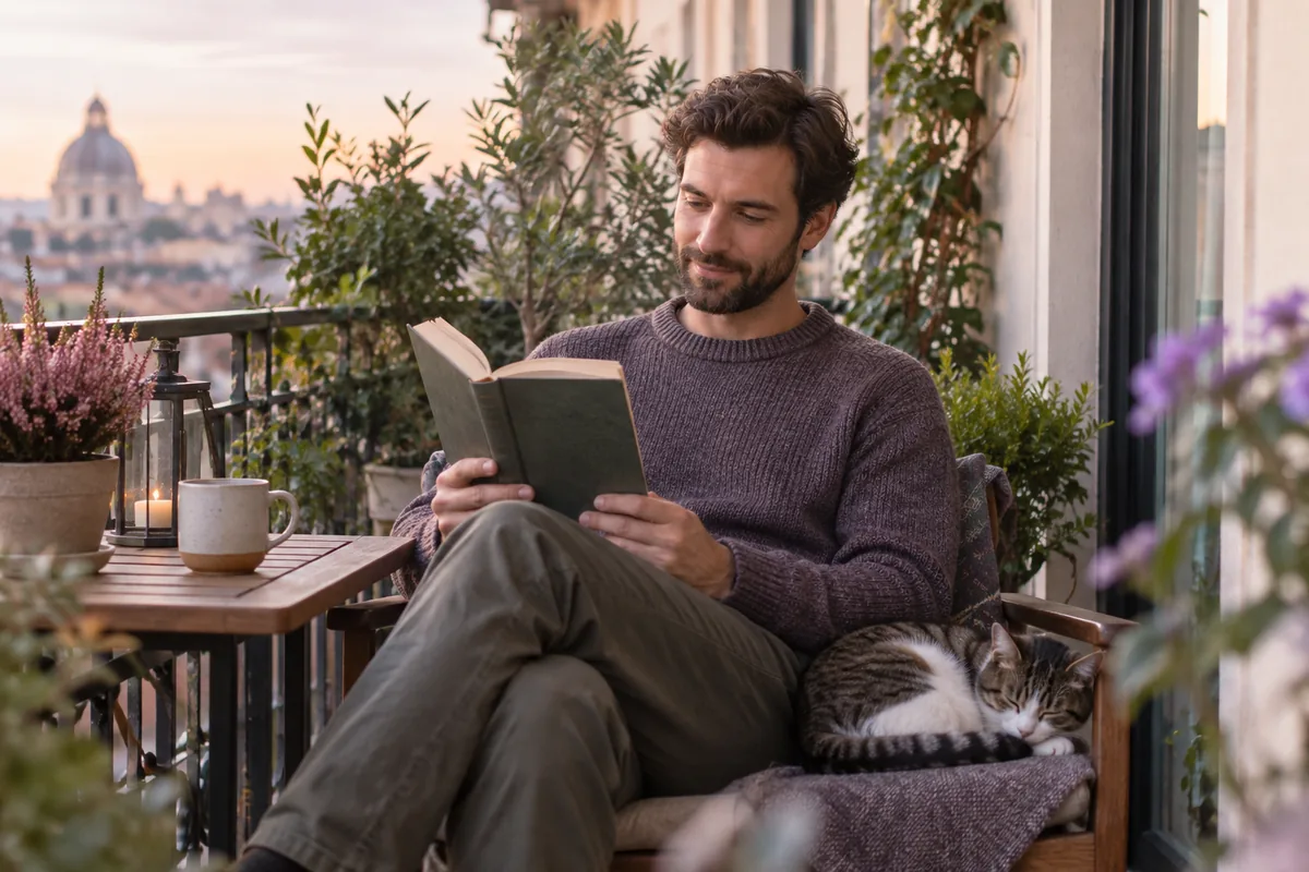 A man reading on a balcony with a cat curled beside him