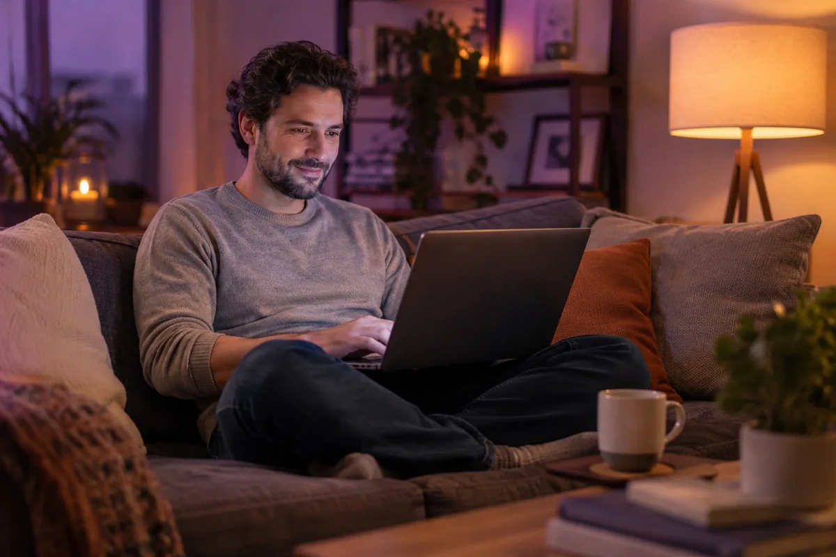 A man smiling at his laptop while chatting online from his sofa