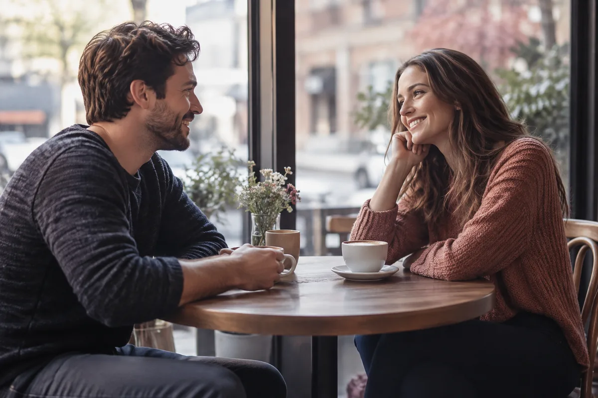 Two people on a relaxed first coffee date at a cafe window