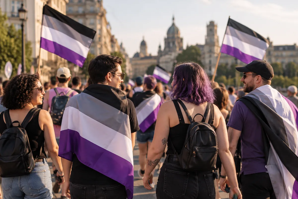 People walking in a pride march carrying black, grey, white and purple asexual flags