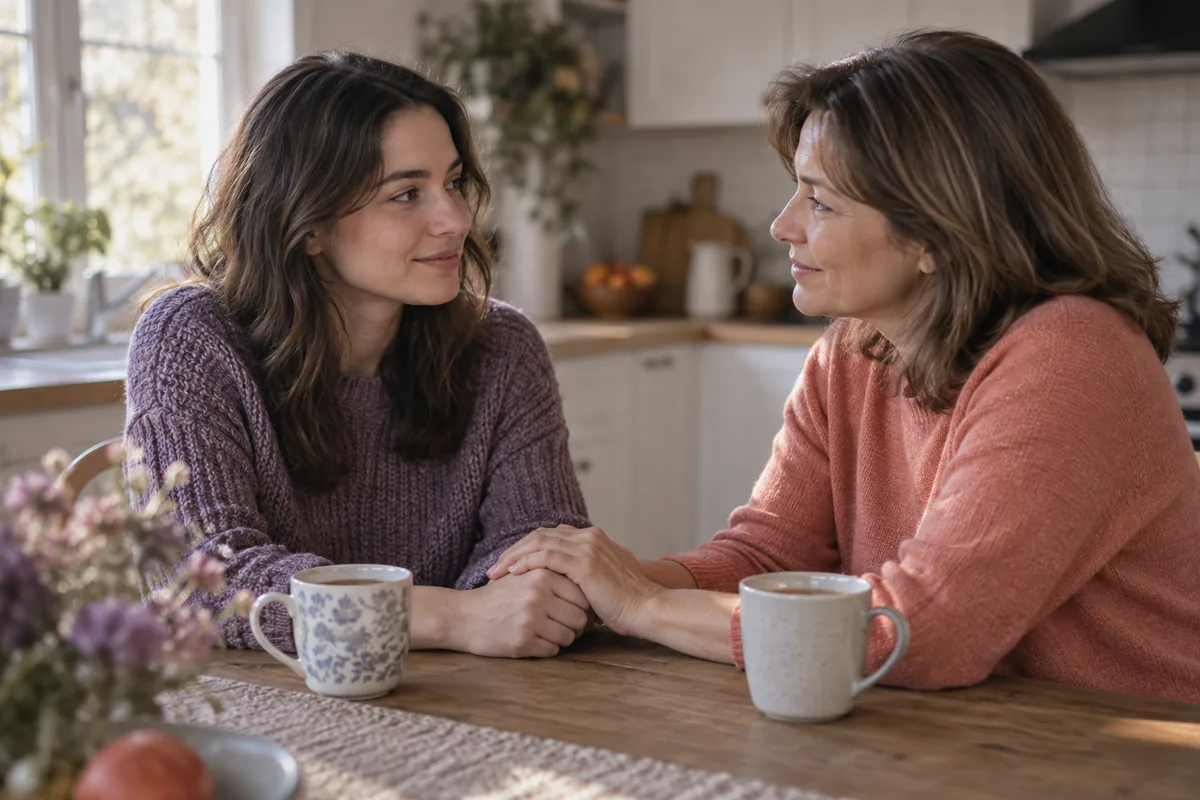 A young adult and their mother holding hands while talking at the kitchen table