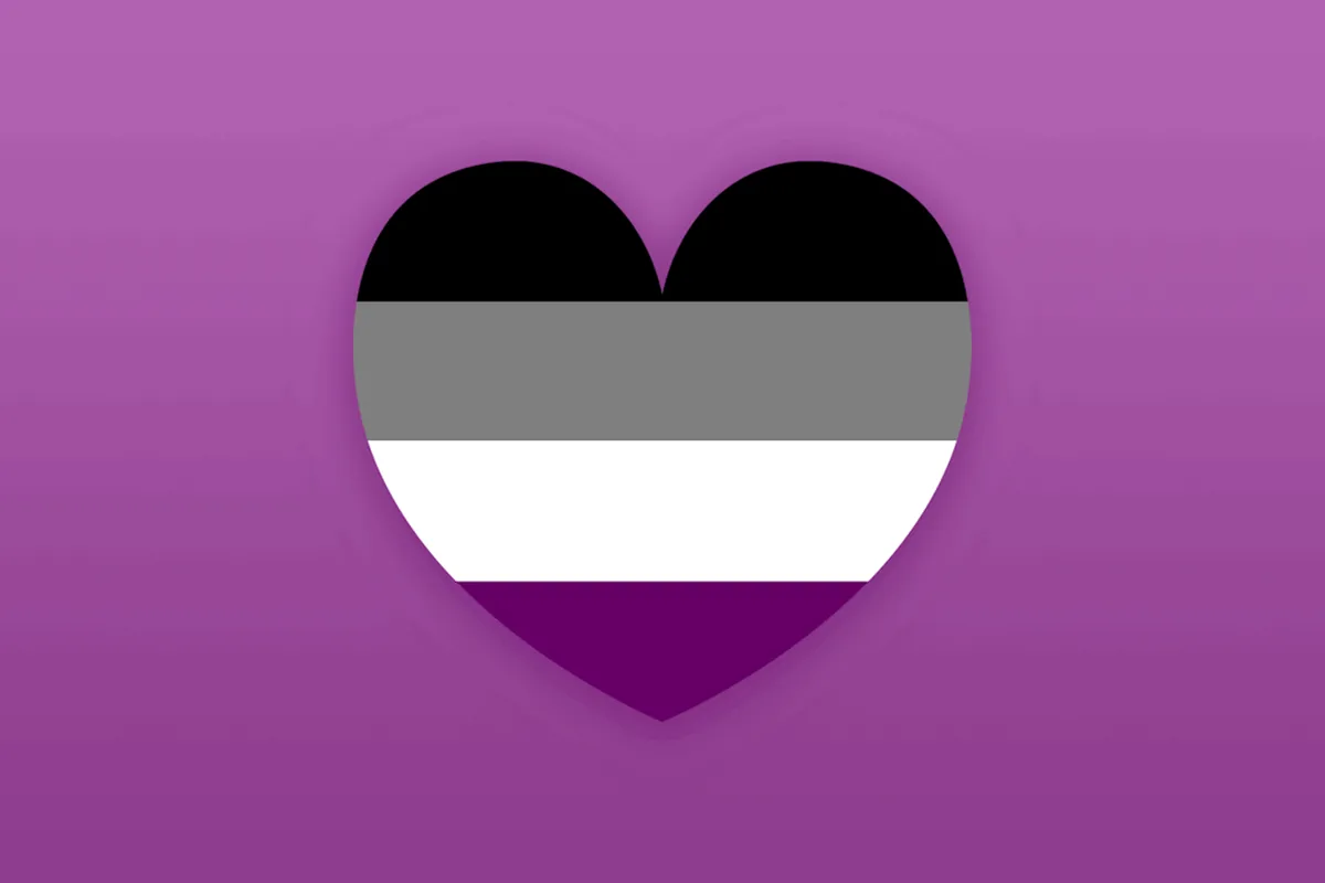 A heart in the black, grey, white and purple stripes of the asexual flag