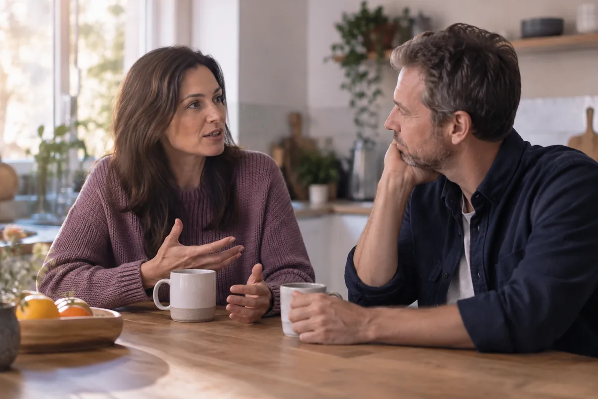 A couple talking calmly at a kitchen table over mugs of tea