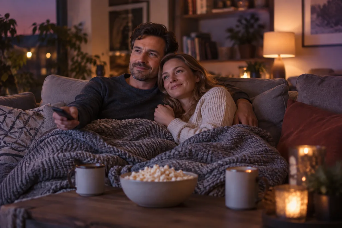 A couple cuddling under a blanket on a sofa while watching a film