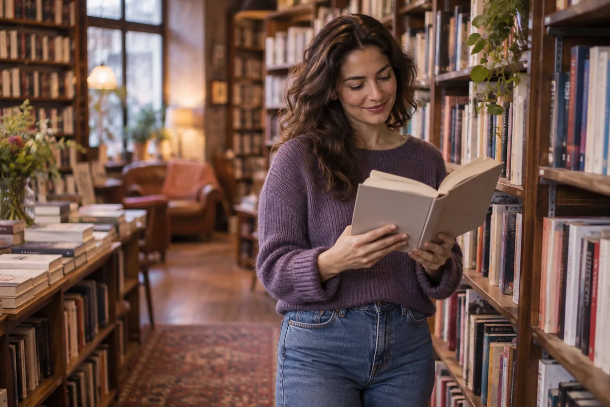A woman browsing the fiction shelves of a bookstore with an open novel