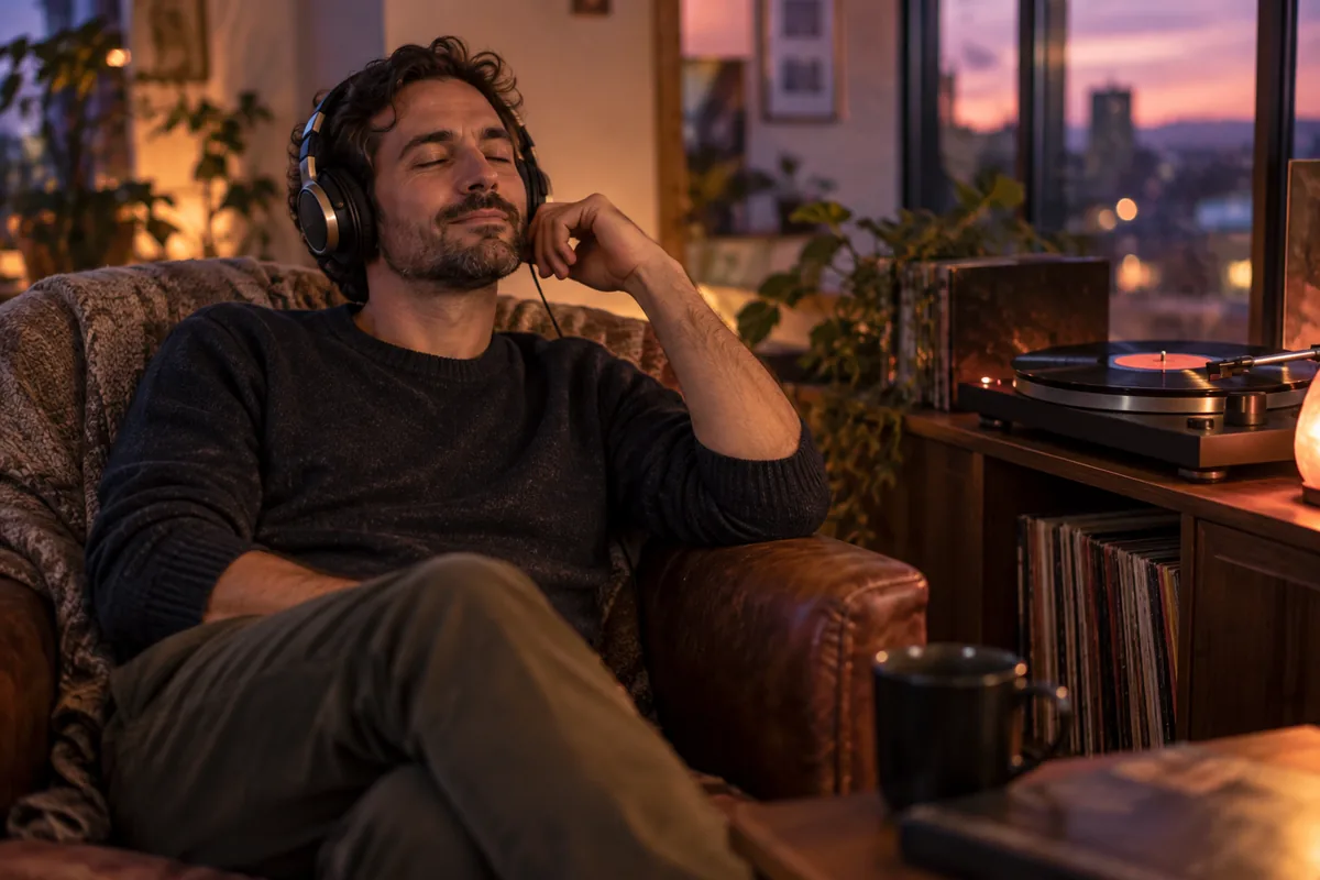 A man in headphones listening to a record spinning on a turntable