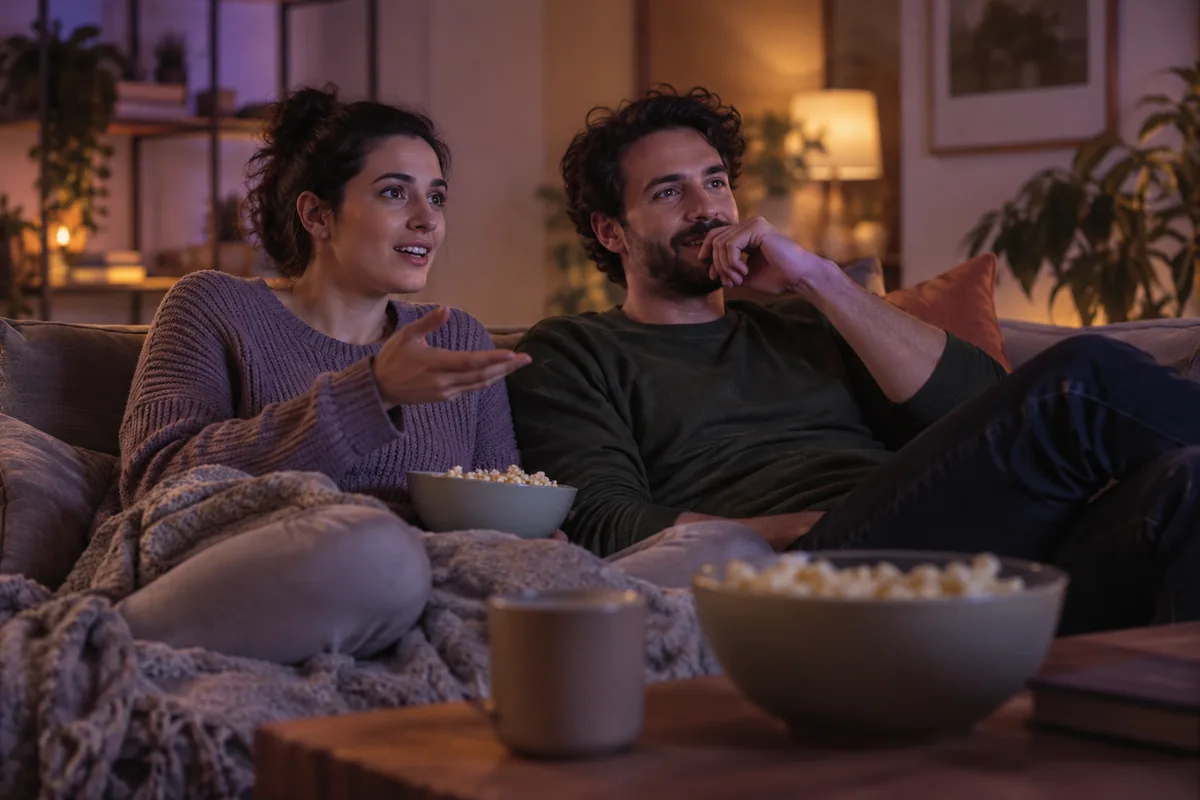 Two friends on a sofa discussing the TV series they are watching