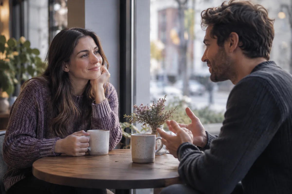 Two people getting to know each other over coffee at a cafe window