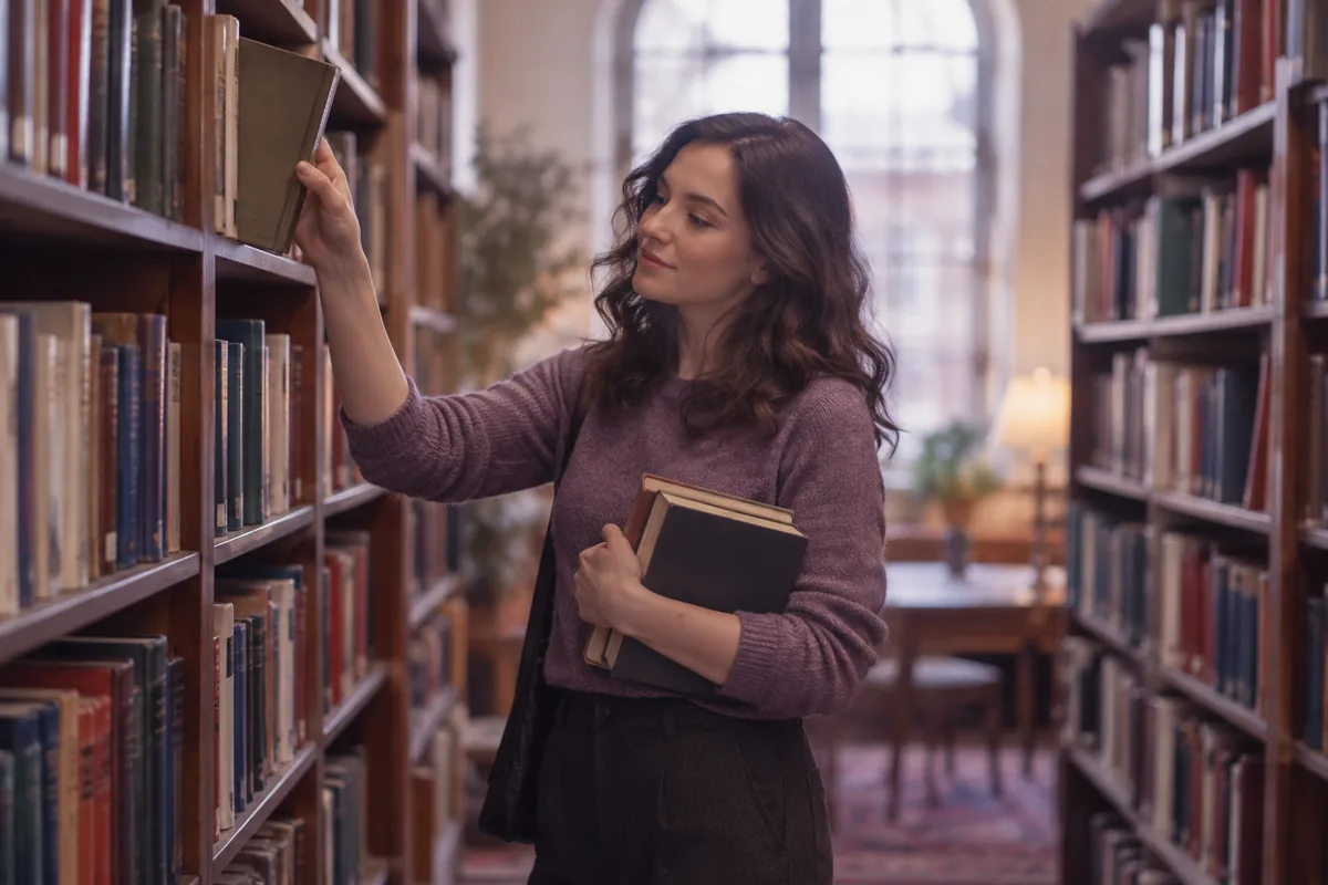A woman pulling a book from a library shelf
