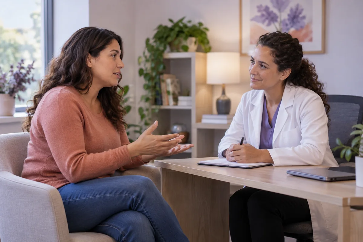 A woman talking with a clinician across a desk in a bright consultation room