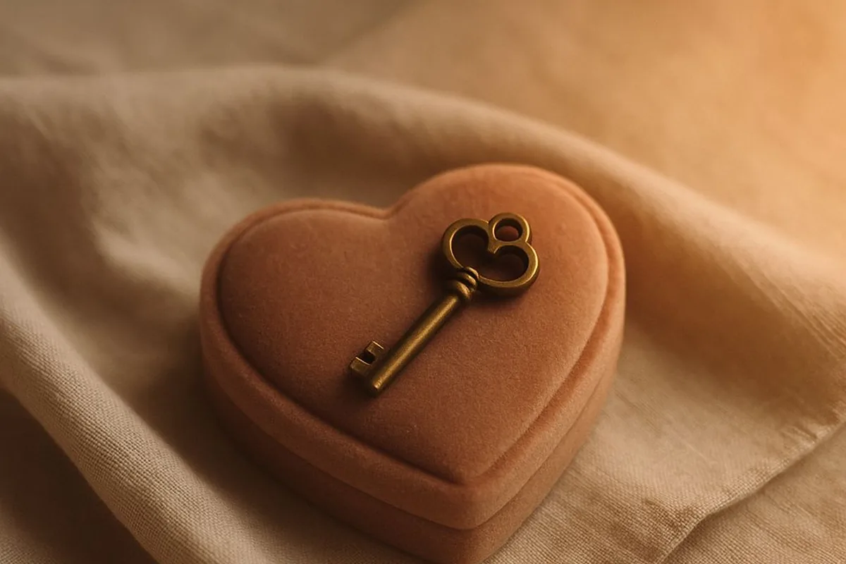 A small key resting on a heart-shaped velvet box