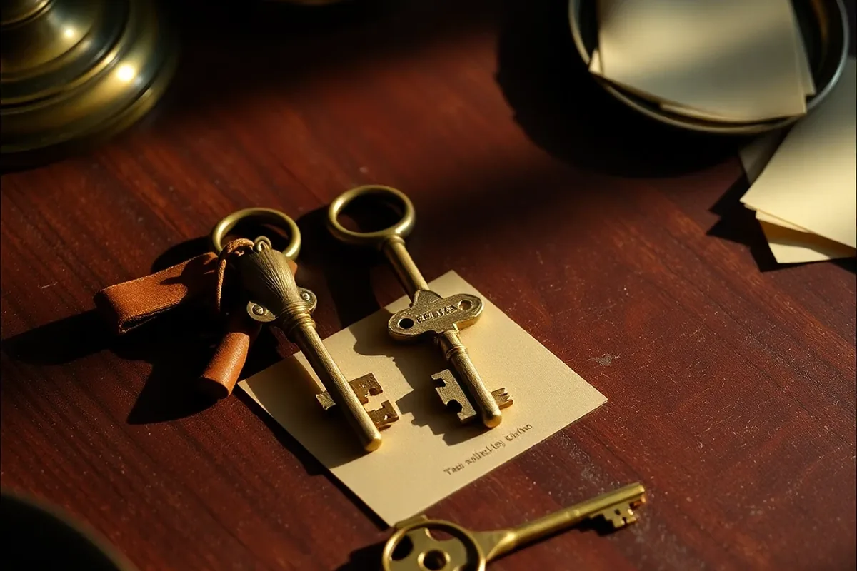 Brass keys and a card laid out on a wooden table
