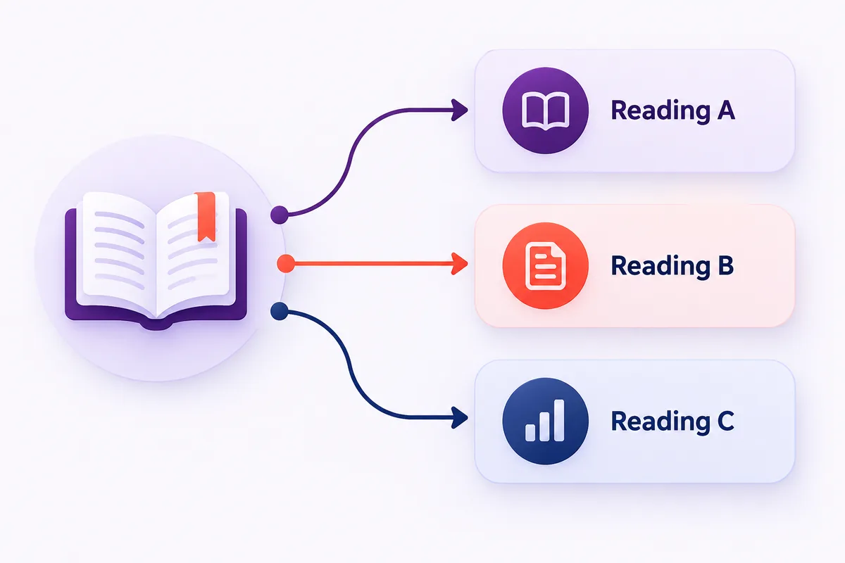 One book icon branching into three different readings
