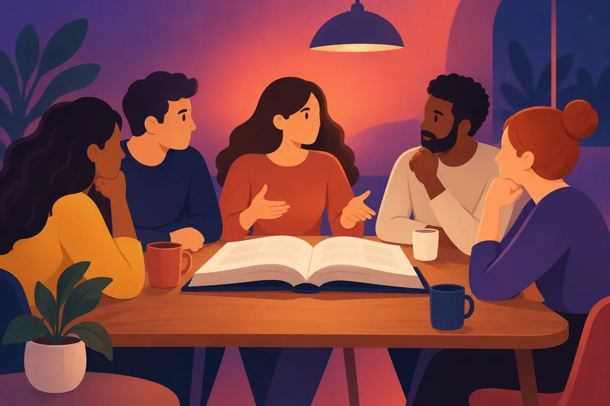 Several simple figures sharing a book around a table