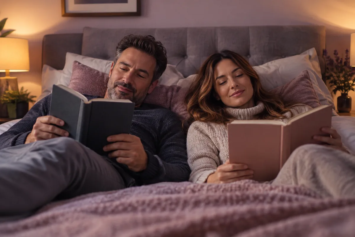 A couple lying side by side on a bed, each reading a book