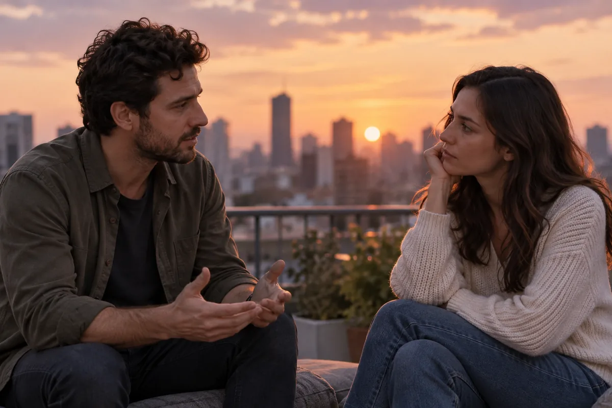 Two friends having a kind but serious talk on a rooftop at sunset