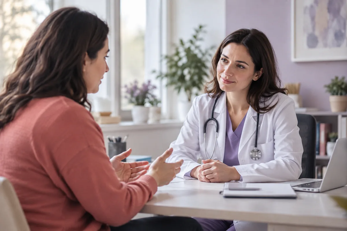 A woman talking with her family doctor in a bright clinic room