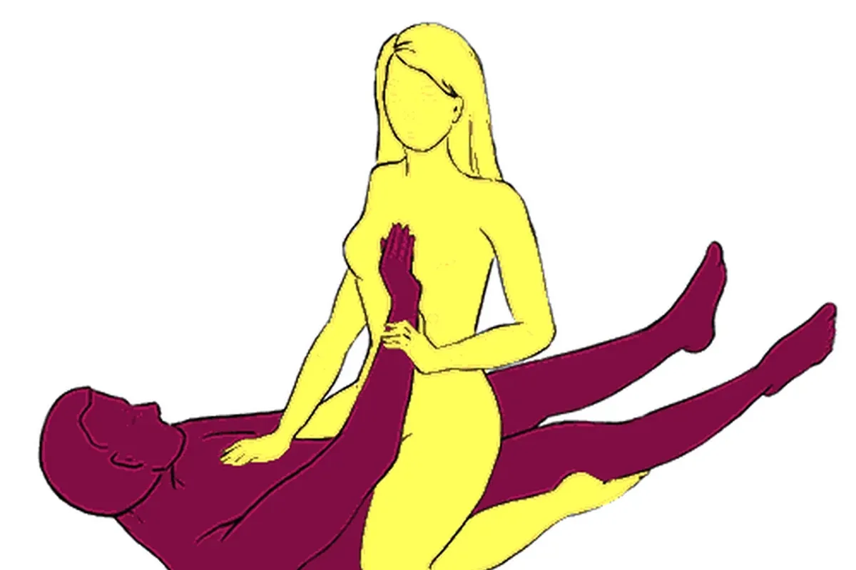 Line drawing of a couple in the woman-on-top position, the woman sitting upright on her partner