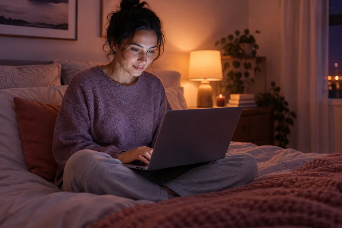 A person sitting on a bed at night typing on a laptop