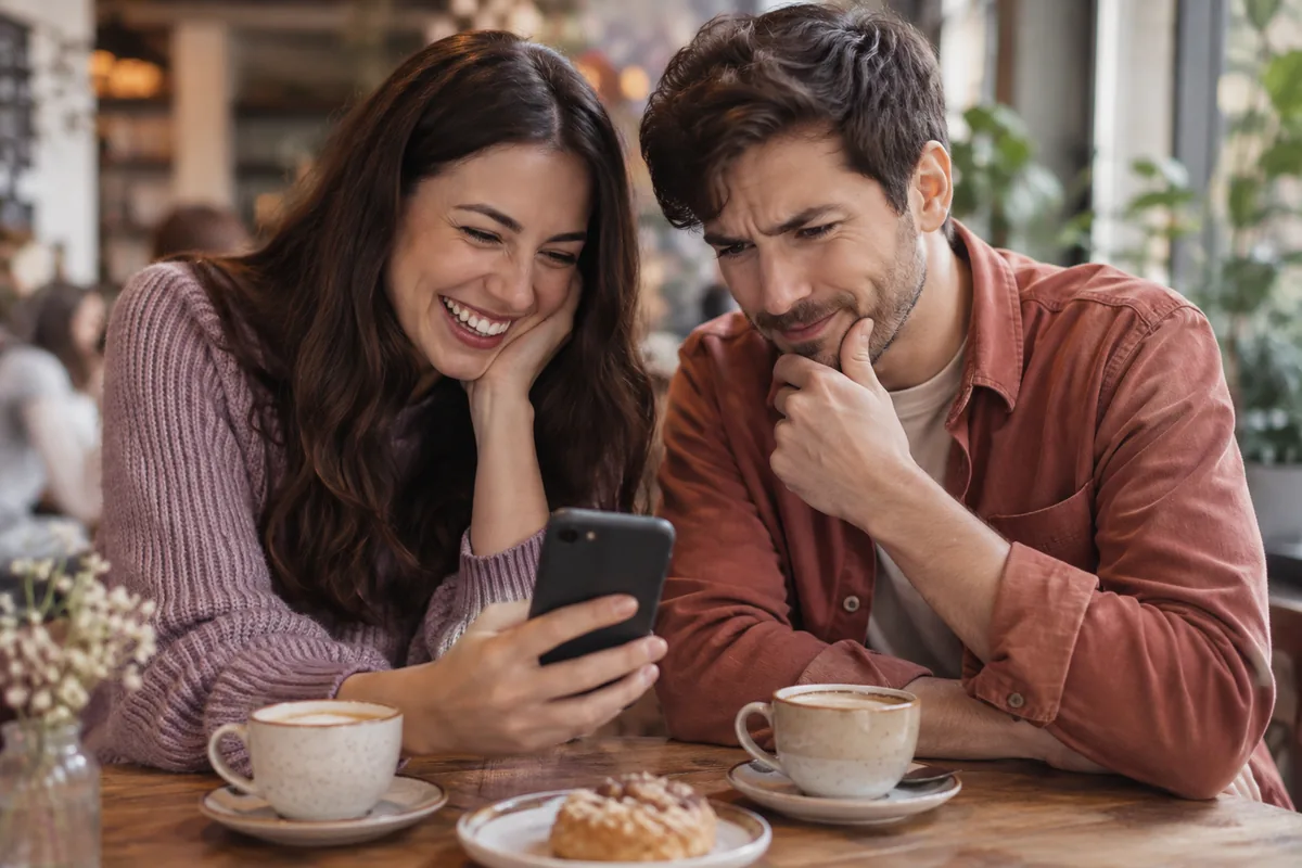 Two friends at a cafe looking at one phone, one laughing and one puzzled